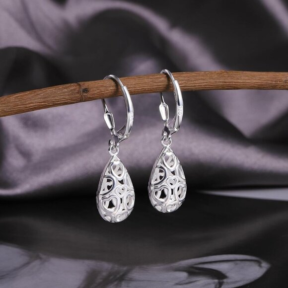 925 Sterling C-Silver Dainty Teardrop Dangle Leverback Trendy Earrings for Women - Picture 3 of 7